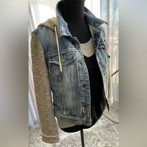 Free People Distressed Knit and Denim Jacket with Removable Hood